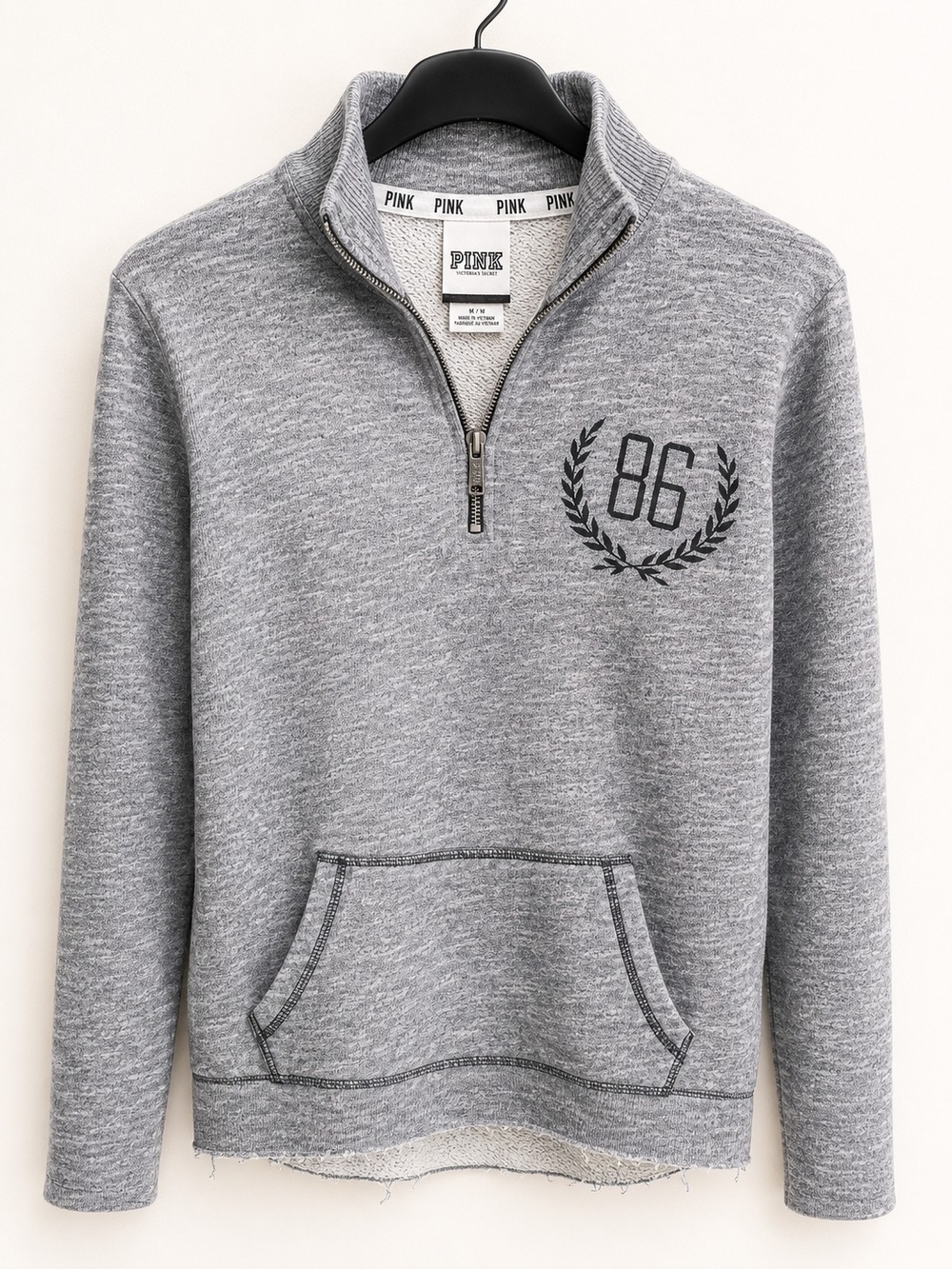 Victoria's Secret PINK Heather Gray 1/4 Zip Sweater with 86 Crest